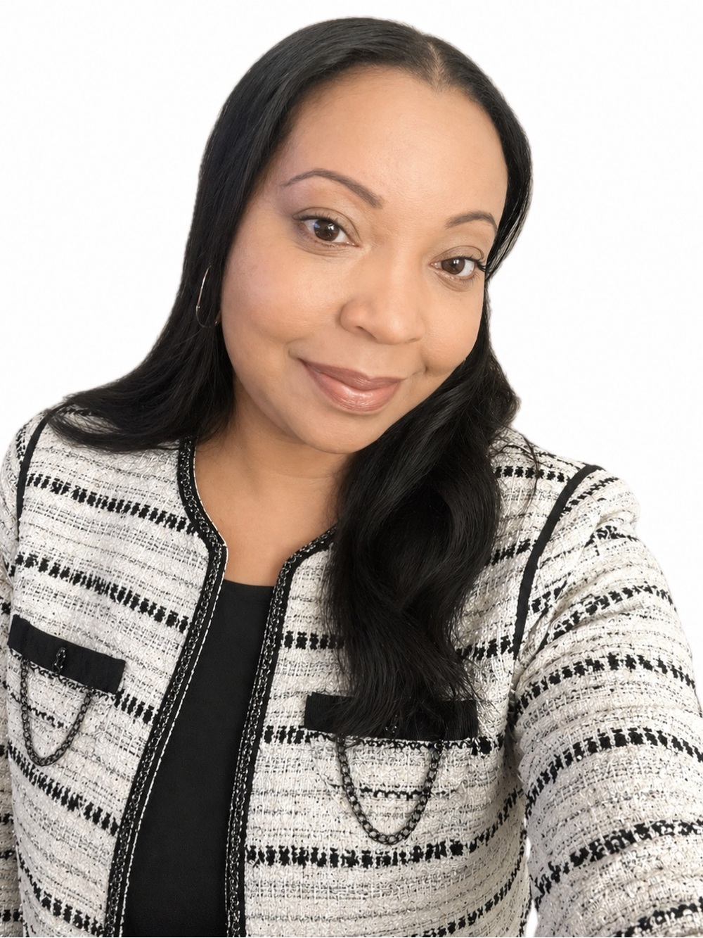 White House Black Market Black and White Tweed Chain-Trim Blazer